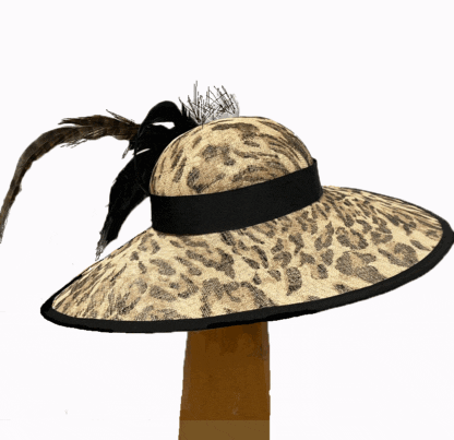 Leopard print feathered dress derby hat