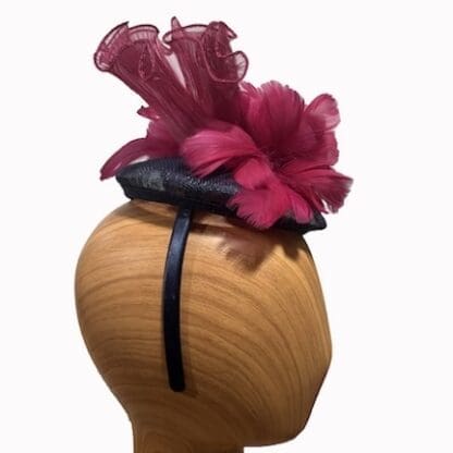small navy blue and cranberry red fascinator