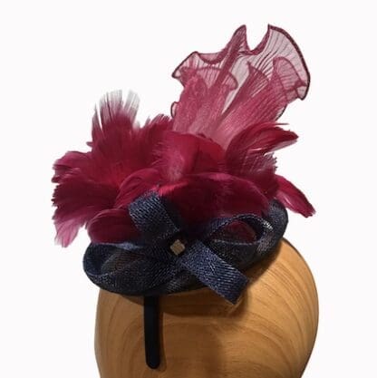 small navy blue and cranberry red fascinator