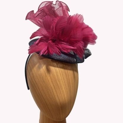 small navy blue and cranberry red fascinator