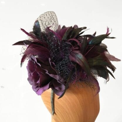 black burgundy feathered fascinator