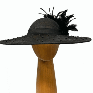 Black feathered and embroidered hat