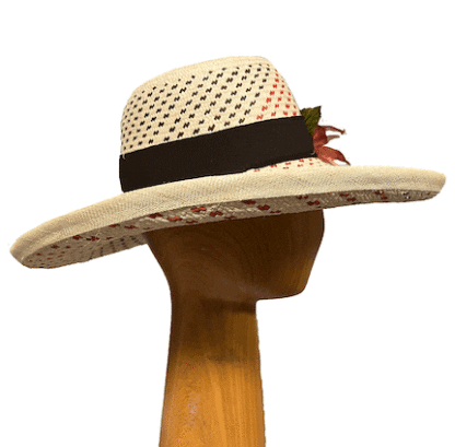 straw hat in cream, rust, black
