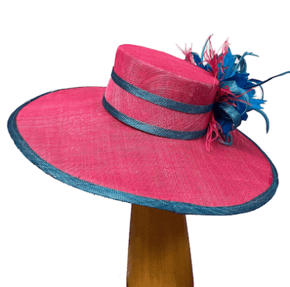 bright pink and blue derby hat