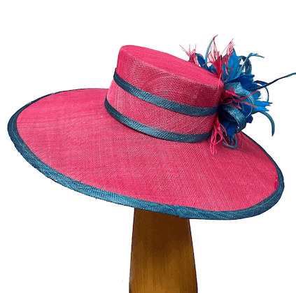 bright pink and blue derby hat