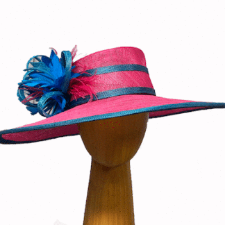 bright pink and blue derby hat