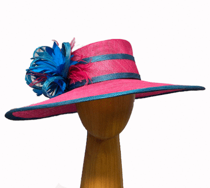 bright pink and blue derby hat