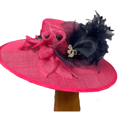 large Pink with Navy feathers  Derby Hat