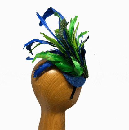 ue and green feather plumed fascinator