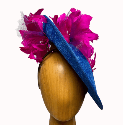 Royal Blue fascinator with Bright pink feathers