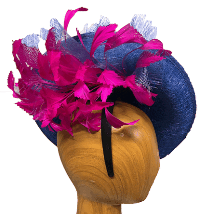 Royal Blue fascinator with Bright pink feathers