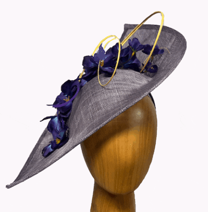 Lilac fascinator with purple and royal blue flowers