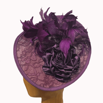 Burgundy purple lace feathered fascinator