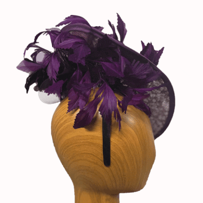 Burgundy purple lace feathered fascinator