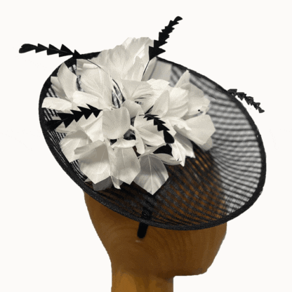 Black with white feathers open weave fascinator