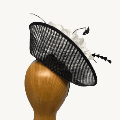 Black with white feathers open weave fascinator