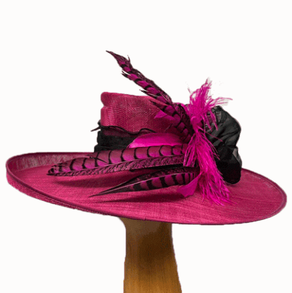 Deep Raspberry Pink Feathered Dress Derby hat