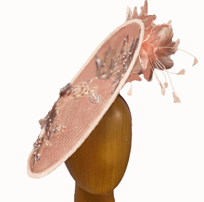 Light Pink Mauve Fascinator with feathers and appligue