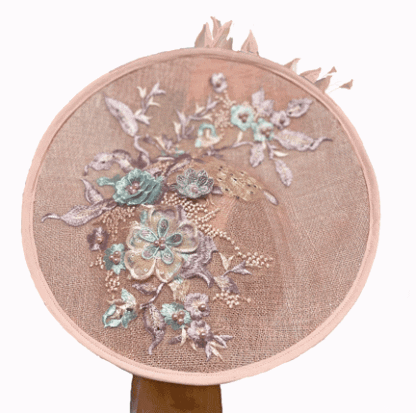 Light Pink Mauve Fascinator with feathers and appligue