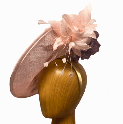 Light Pink Mauve Fascinator with feathers and appligue