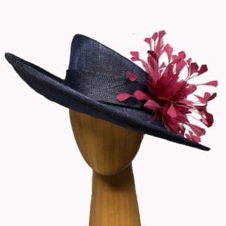 Navy and raspberry feathered dress derby hat