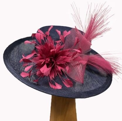 Navy and raspberry feathered dress derby hat