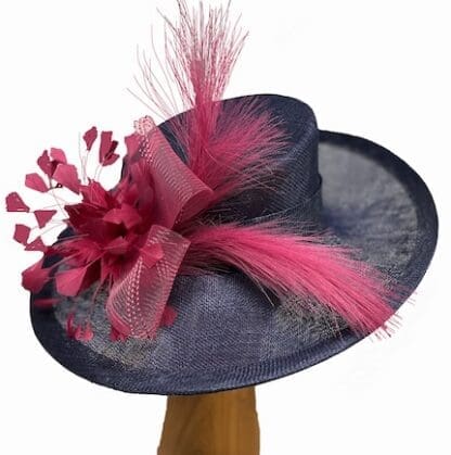 Navy and raspberry feathered dress derby hat