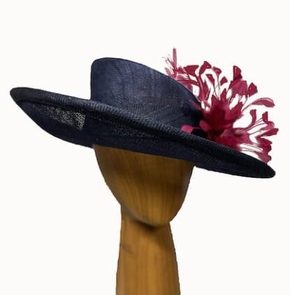 Navy and raspberry feathered dress derby hat