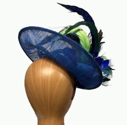 Royal Blue fascinator with green blue peacock feathers