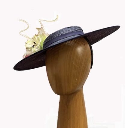 Navy ivory flowers boater style dress hat