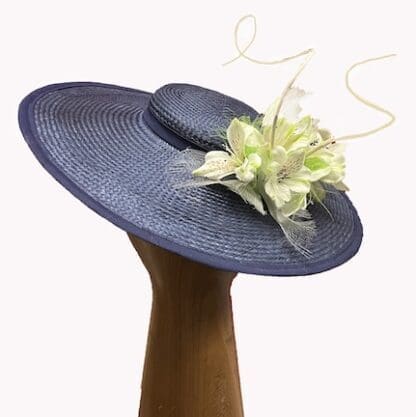 Navy ivory flowers boater style dress hat