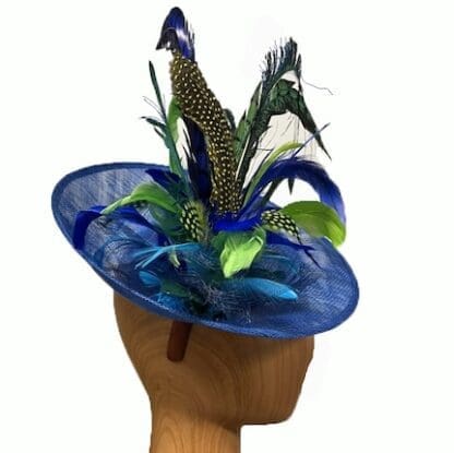 Royal Blue fascinator with green blue peacock feathers