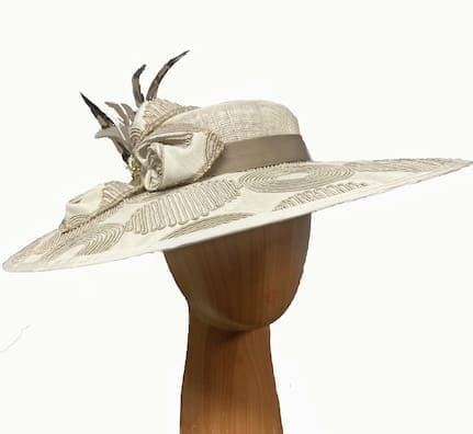 ivory and tan dress hat with patterned brim