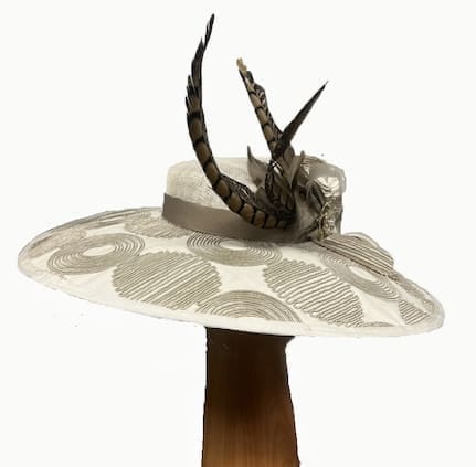 ivory and tan dress hat with patterned brim