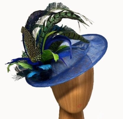 Royal Blue fascinator with green blue peacock feathers