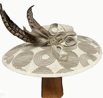 ivory and tan dress hat with patterned brim