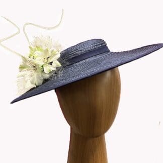 Navy ivory flowers boater style dress hat