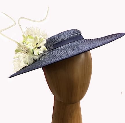 Navy ivory flowers boater style dress hat