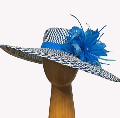 Turquoise and white check dress derby hat