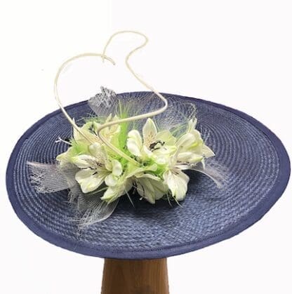 Navy ivory flowers boater style dress hat